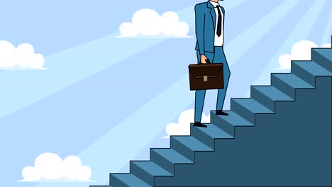 flat cartoon businessman character with case bag goes up the career ladder stairs animation