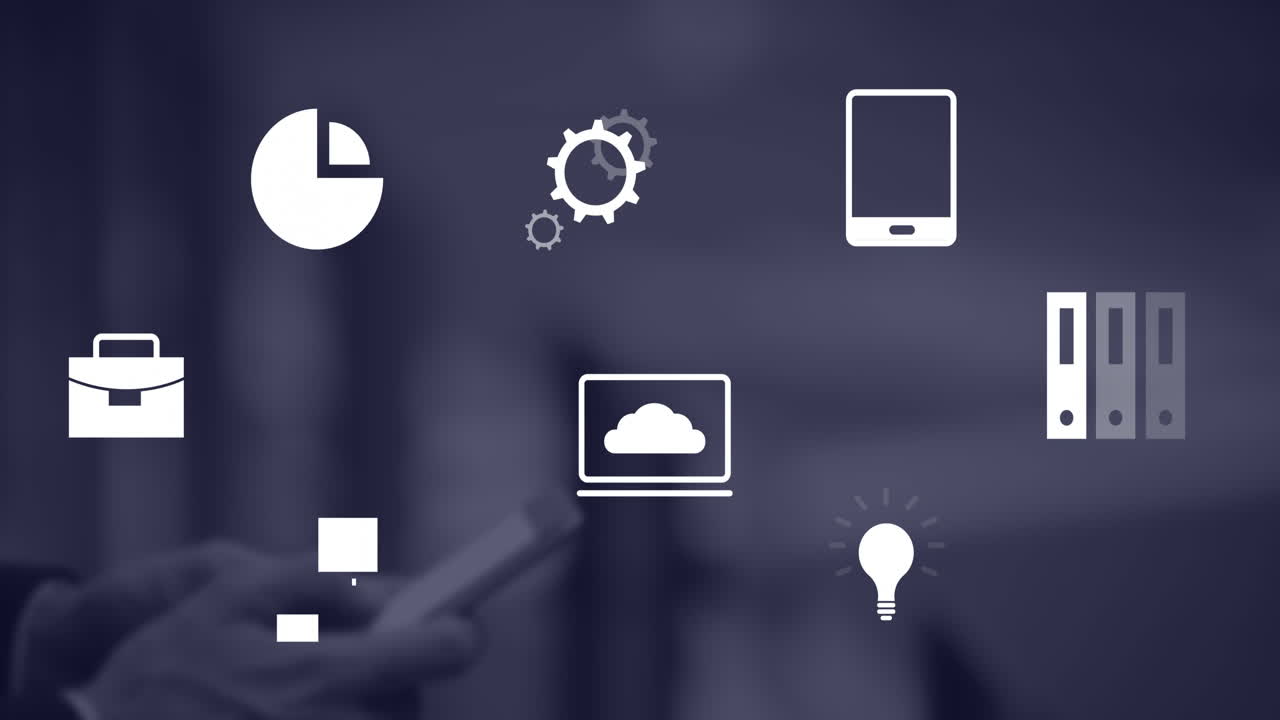 animación de iconos de negocios sobre manos que sostienen un teléfono inteligente