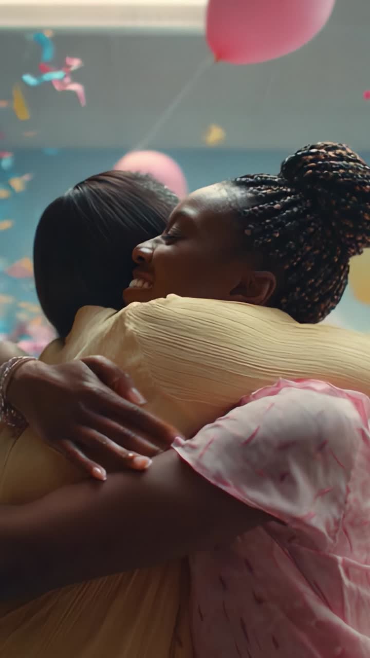 A Heartwarming Celebration of Friendship: Two Women Embrace Joyfully Amidst Colorful Confetti and Balloons, Sharing a Special Moment Together in Happiness