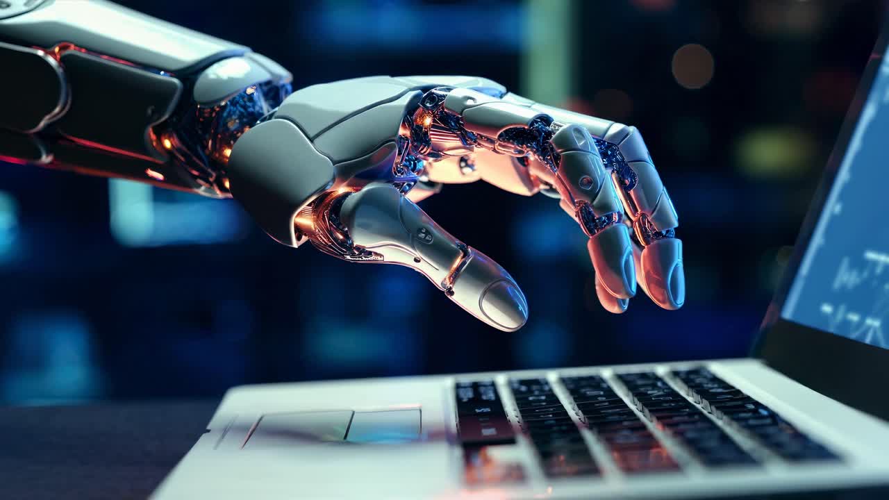 A close-up video shot of a robotic hand reaching for a laptop keyboard