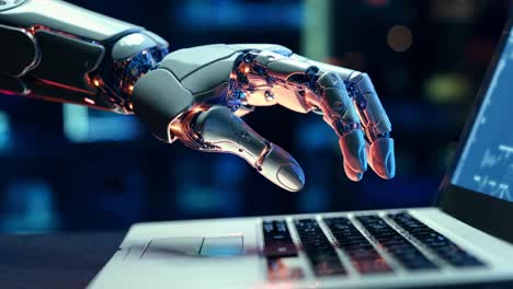 a close-up video shot of a robotic hand reaching for a laptop keyboard