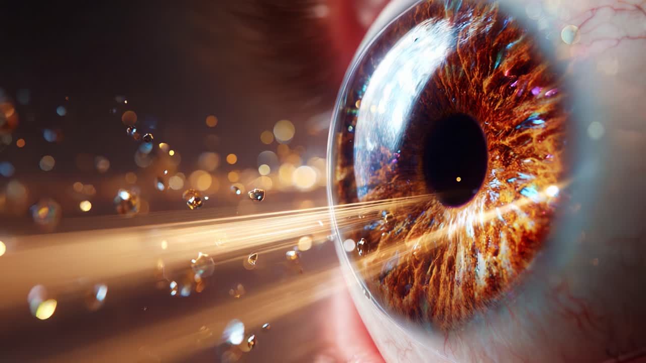 Captivating Close-up of Human Eye with Radiant Irises and Dynamic Light Effects Creating a Mesmerizing Visual Experience Filled with Sparkling Particles