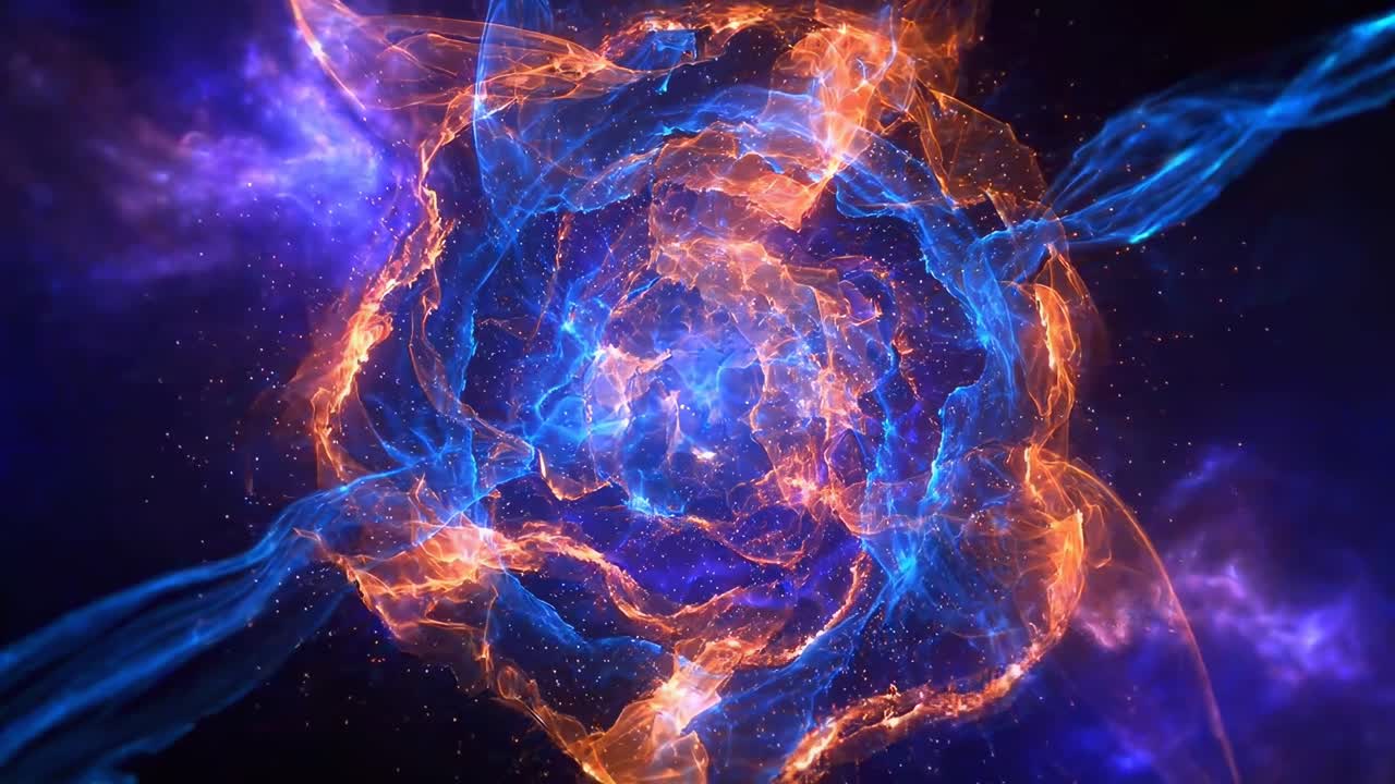 Vortice cosmico dinamico in blu e arancione vivido, angolazione dall'alto, perfetto per sfondi video.