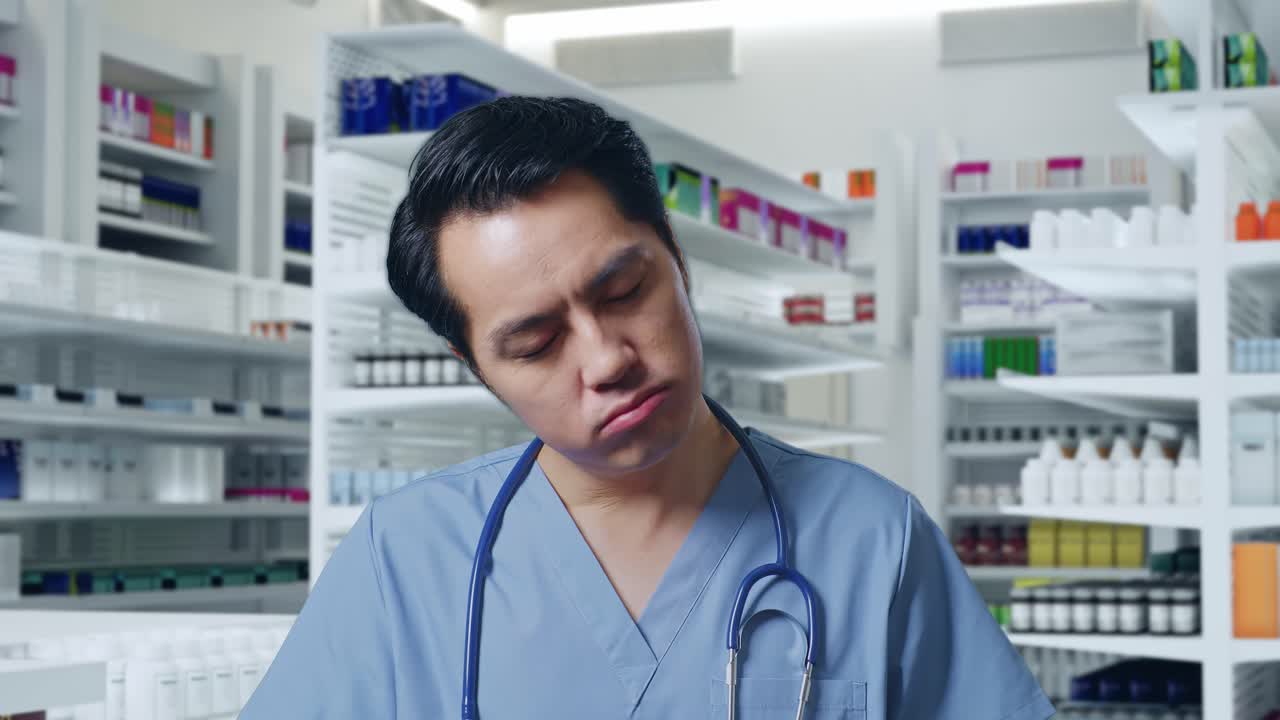 약국 에 서 있는 동안 두통 을 고 있는 스테토스코프 를 들고 있는 아시아인 남성 의사 의 근접 사진