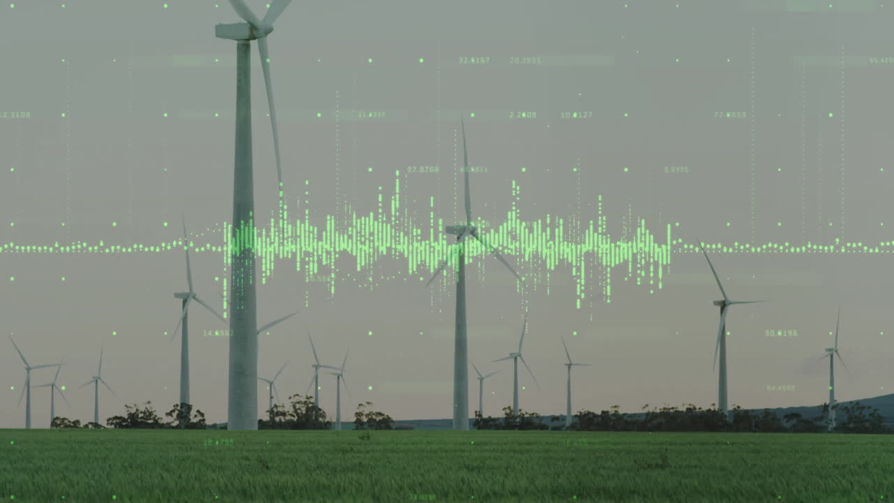 Wind turbine rotating over green field, showing digital waveform overlay with floating numeric data