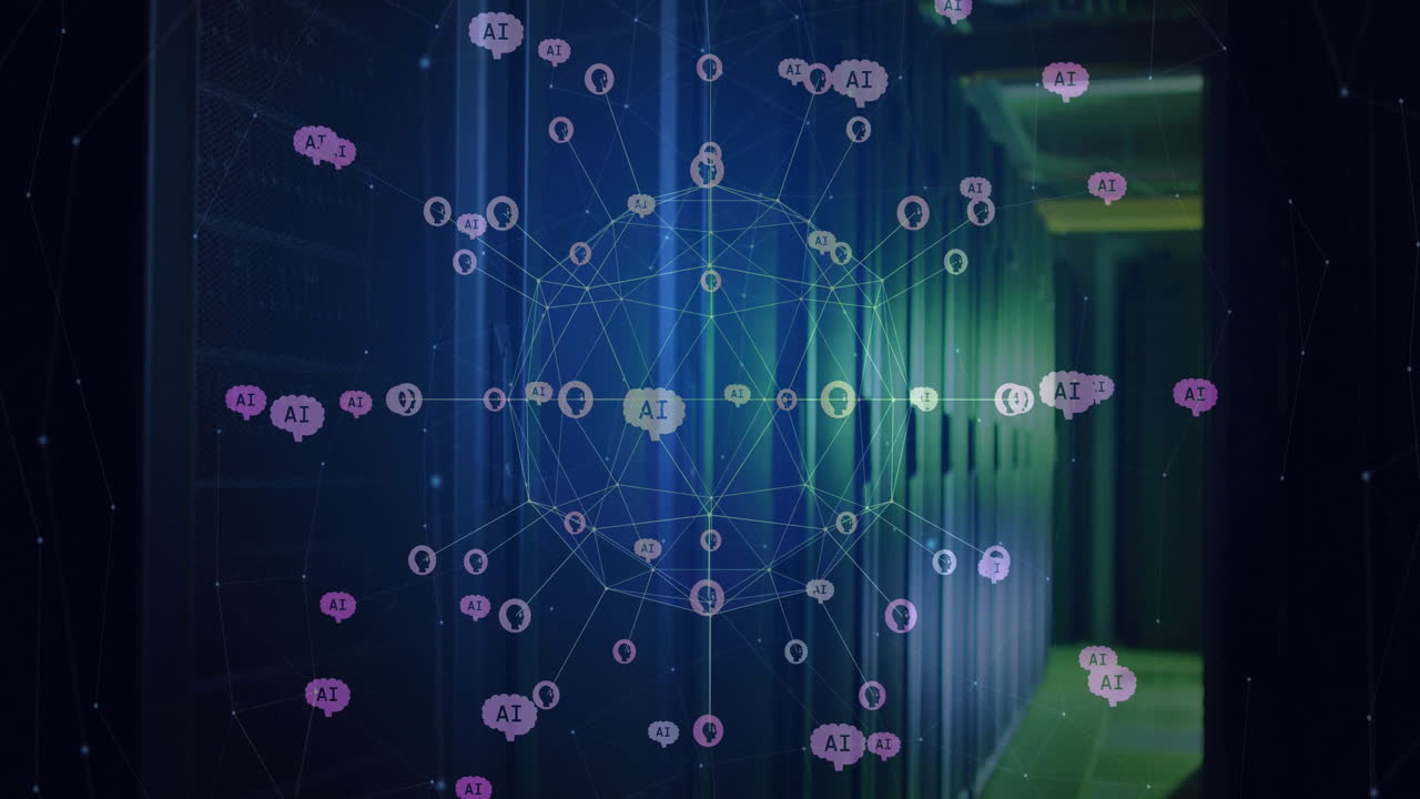 Animation of globe with connections and ai icons over computer servers