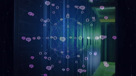 animation of globe with connections and ai icons over computer servers