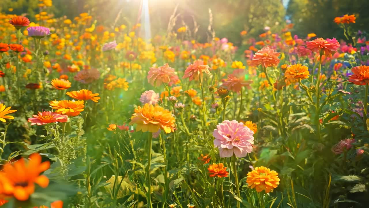 Un vibrante giardino di fiori selvatici in piena fioritura, ripreso da una prospettiva dal basso, che evoca un'atmosfera vivace