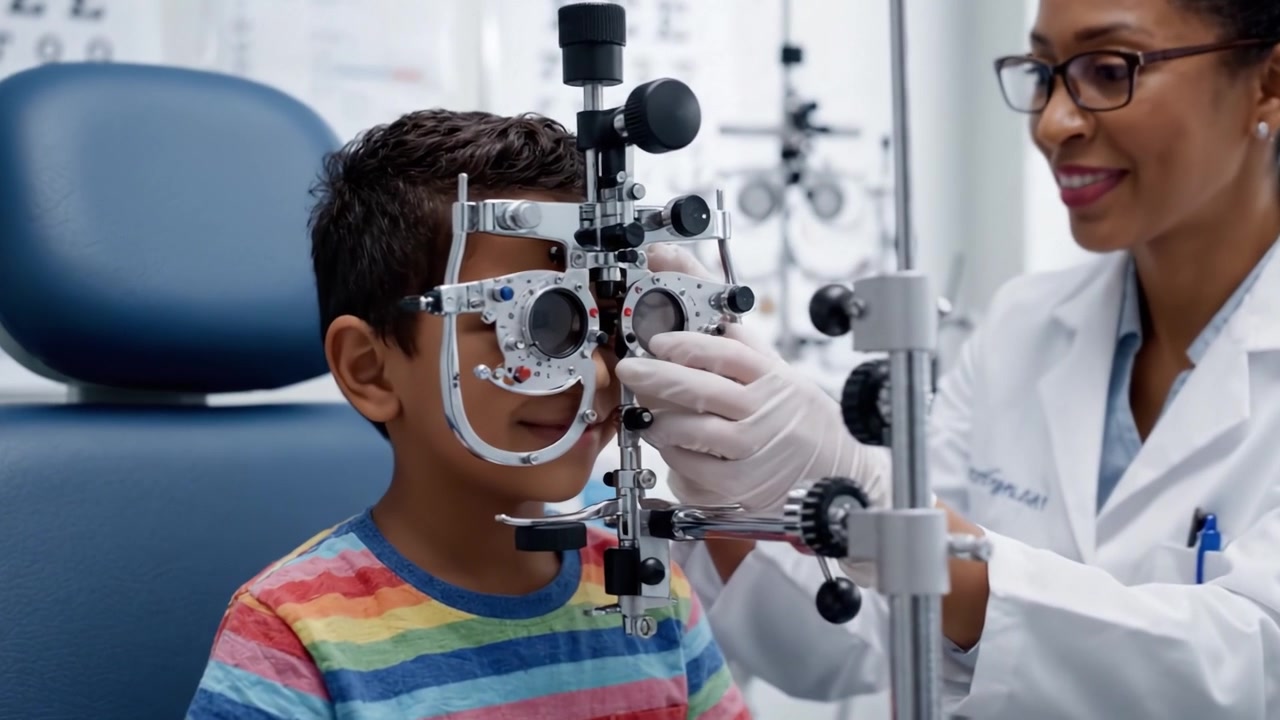 Child Undergoing Eye Exam with Professional Optometrist in Clinic: A Careful Assessment of Vision Using Advanced Equipment and Compassionate Care