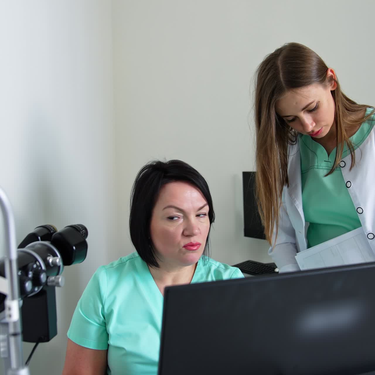 Doctors ophthalmologists look at the computer screen and discussing it. Both professionals look at the device for eye check