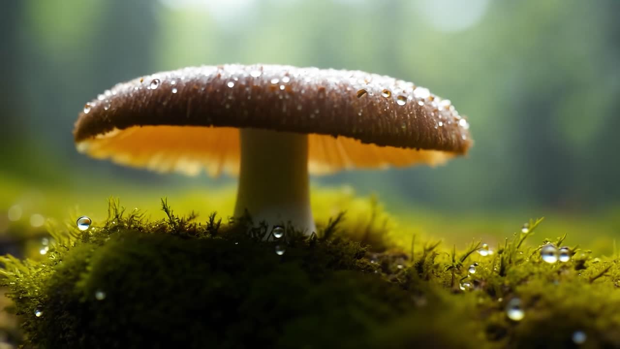 hongo que crece en una superficie de musgo, en un fondo oscuro, muestra la belleza de la naturaleza y la vida