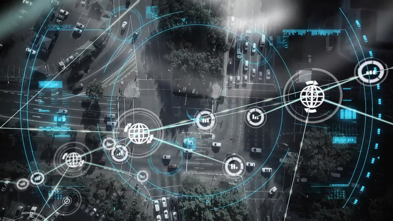 Animation of network of connections with icons over cityscape