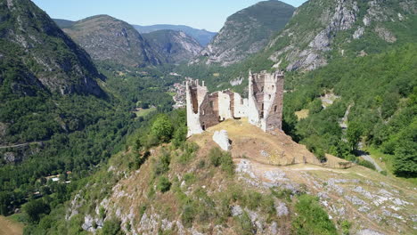 flying over the medieval ruins of the castle of miglos