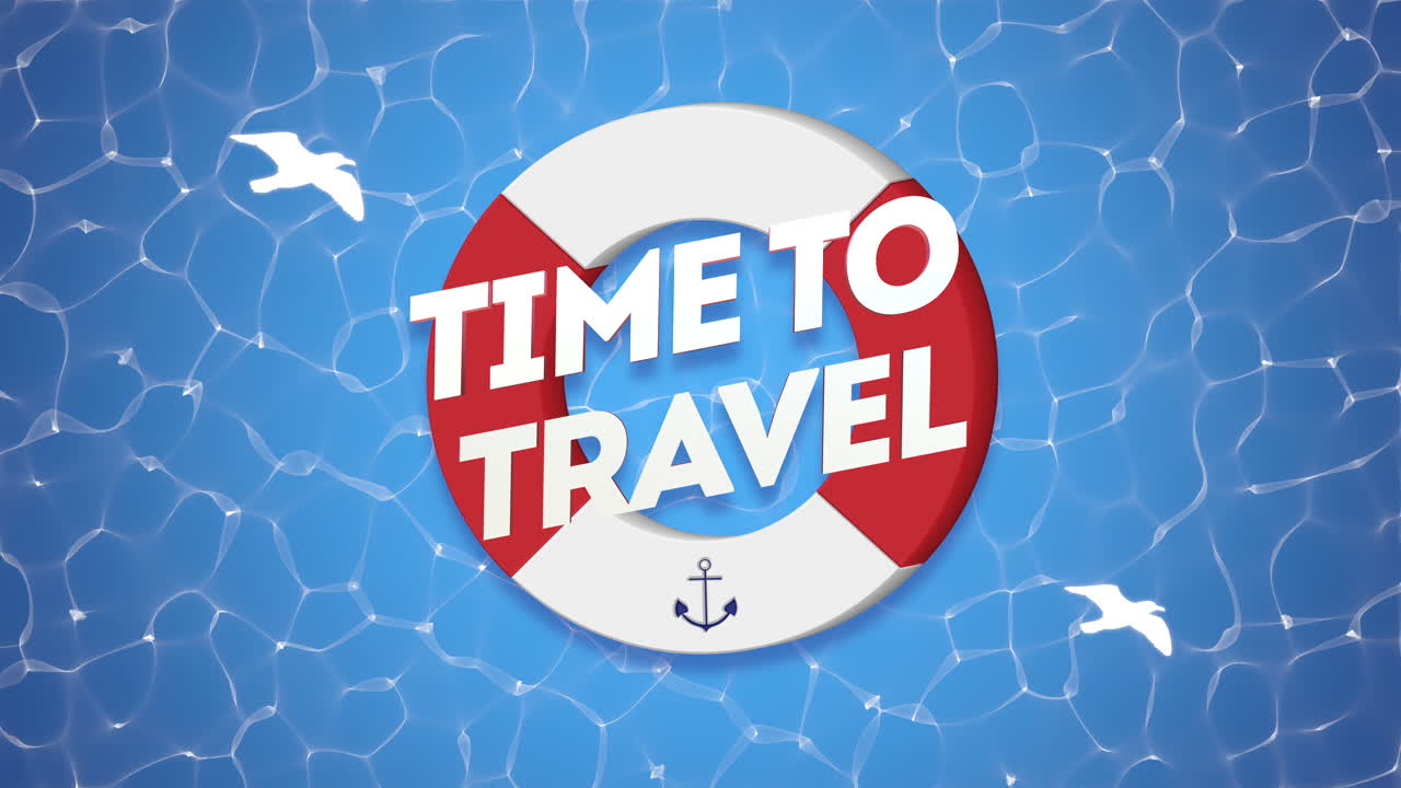 갈매기와 수영 서클 1과 함께 여행하는 애니메이션 텍스트 시간