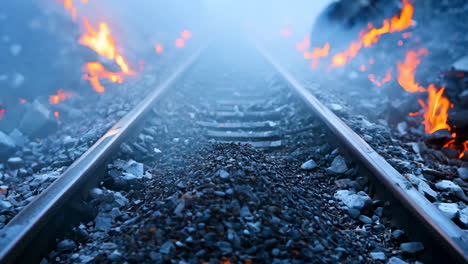 A train track with a pile of coal on it. The coal is black and the train track is blue