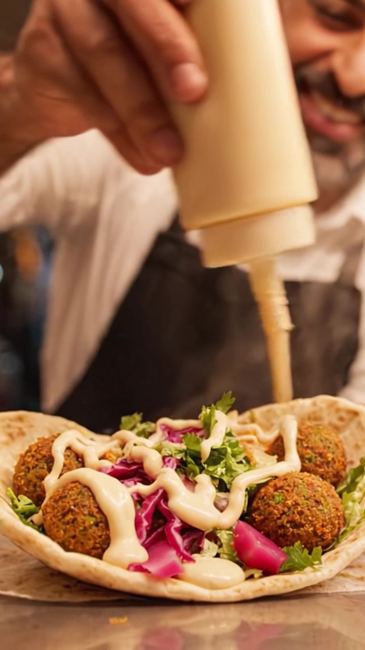 Uno chef esperto irrora abilmente la salsa su un falafel wrap appena preparato, mettendo in mostra verdure vivaci e falafel croccanti in un piatto di pane pita caldo.