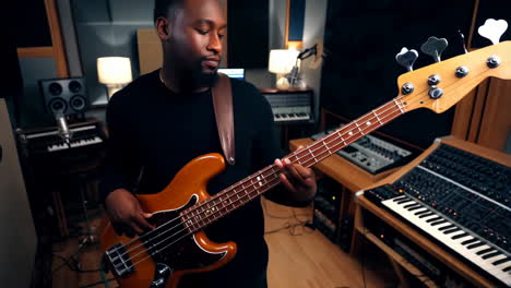 black man playing bass guitar in a recording studio