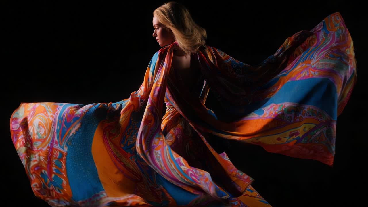 A Captivating Dance of Colorful Fabrics: An Enchanting Display of Motion and Elegance as the Model Gracefully Swirls in a Vibrant Multicolored Dress Against a Dark Background