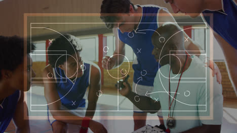 animation of basketball court with tactics drawing over diverse couch with basketball players