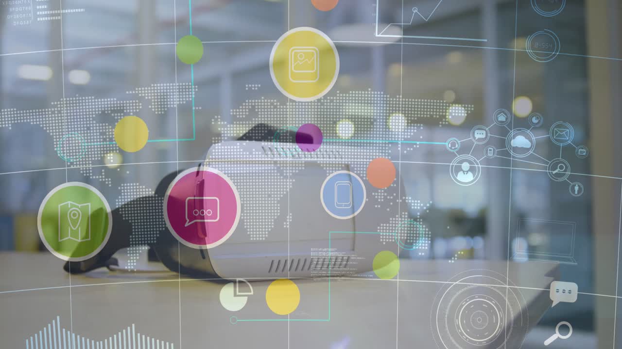 세계 지도 위의 디지털 아이콘의 애니메이션과 배경의 vr 헤드 ⁇