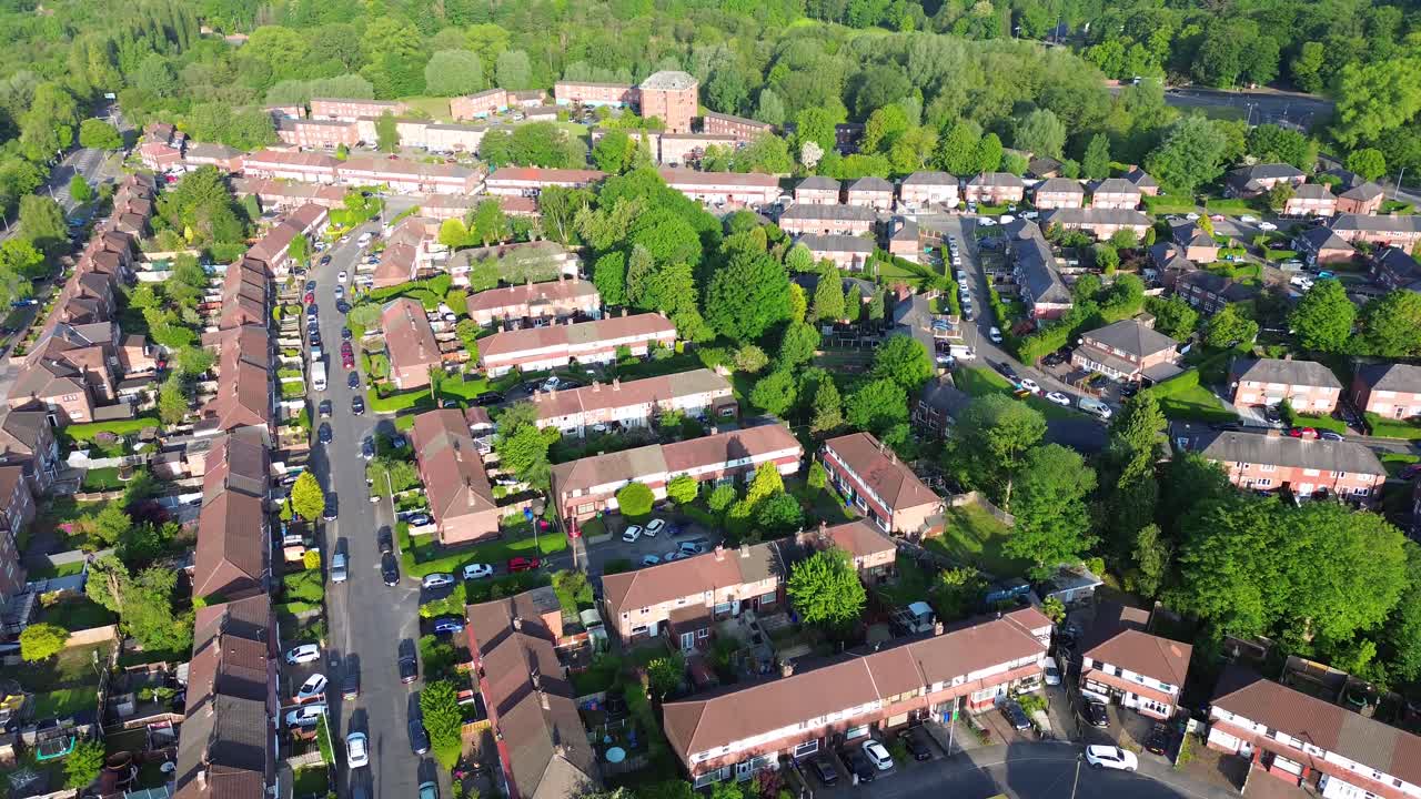 4K aerial shot of typical British houses from above in the morning and housing crisis