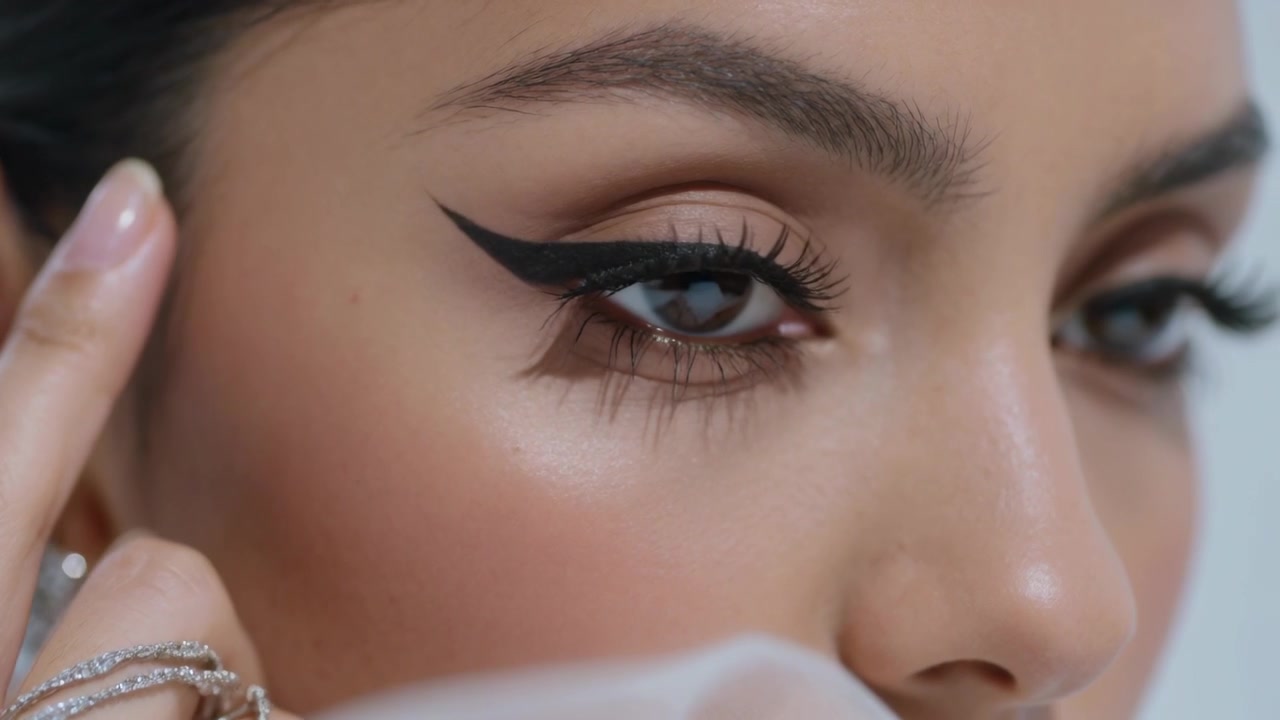 Revealing woman lifting right eye in studio, framing winged eyeliner with sheer veil and rings
