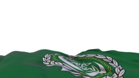 la bandera de la liga de estados árabes ondeando en el bucle del viento. banderas de tela cosida bordada balanceándose en la brisa. fondo blanco medio lleno. lugar para texto. bucle de 20 segundos.