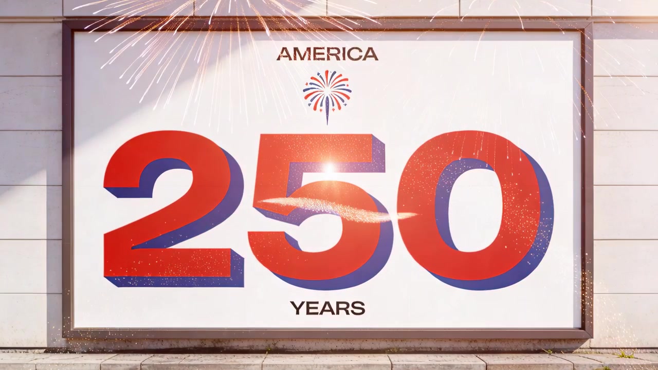 Valla publicitaria enmarcada animada con el texto 'AMÉRICA 250 AÑOS' en una fachada sobre la acera, iniciando estallidos de fuegos artificiales.