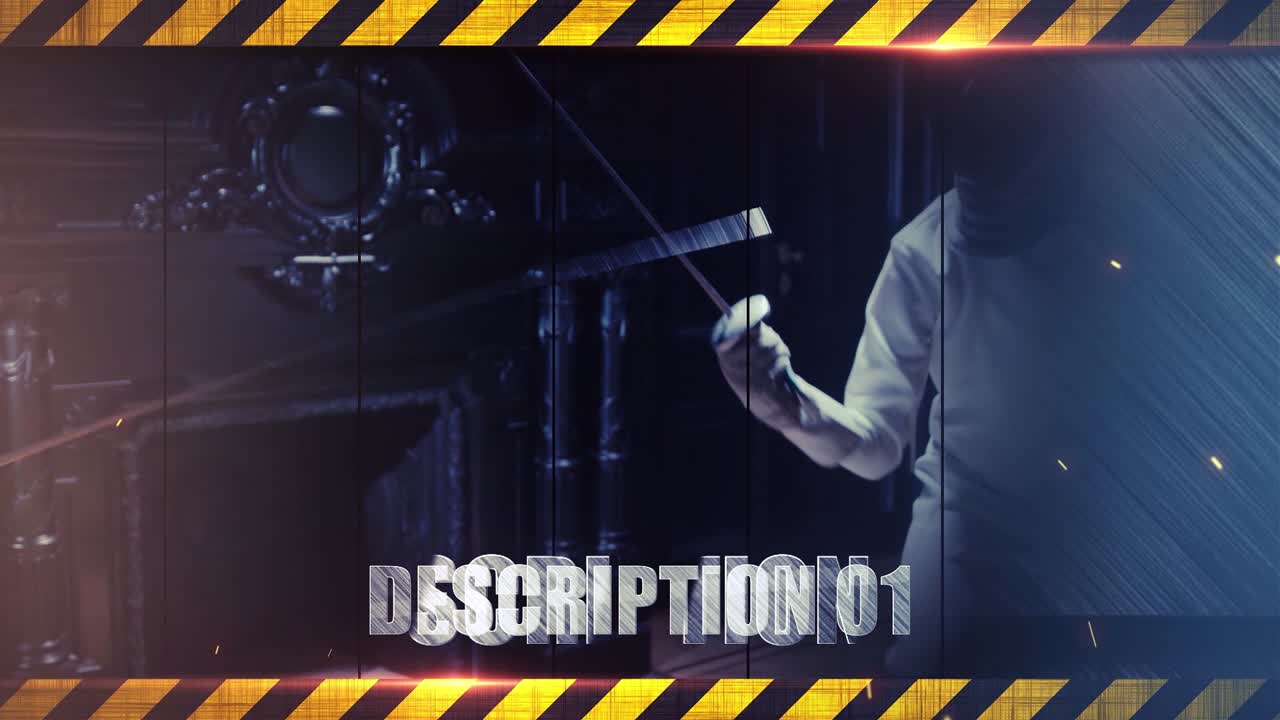 Fencing duel with text overlays and fire effects