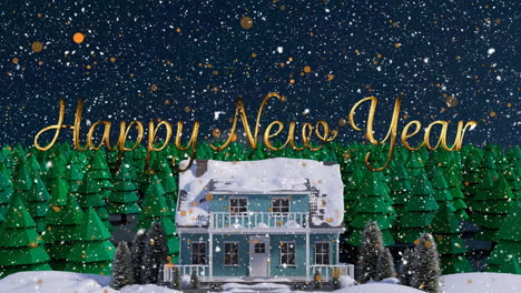 animation of snow falling over happy new year text over winter landscape