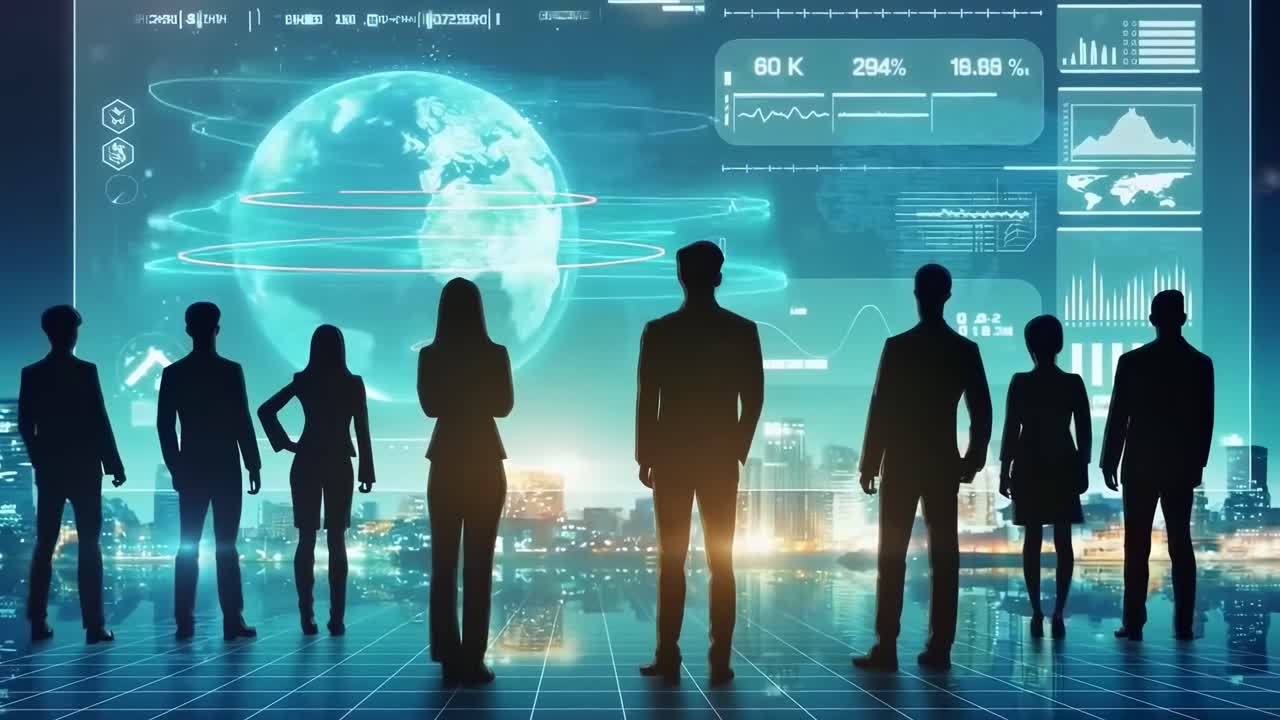 Business Team Silhouettes Analyzing Global Data on a Futuristic Screen