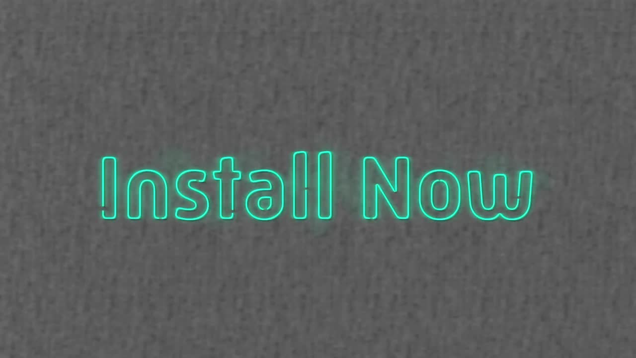 Animation of blue neon text, install now, on grey background