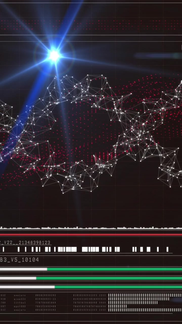 Animazione di luci in movimento ed elaborazione di dati scientifici su schermo digitale