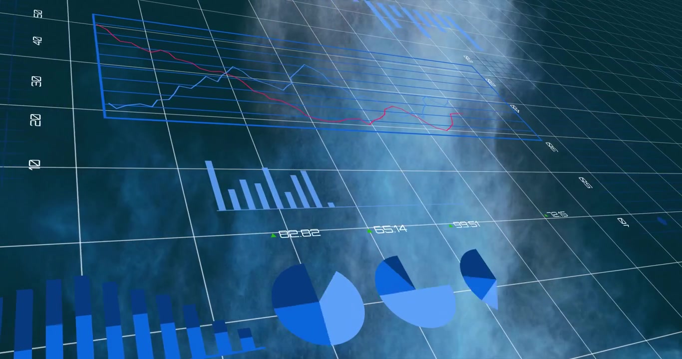 Animasjon av finansielle grafer med blå og røde linjer på digital bakgrunn.