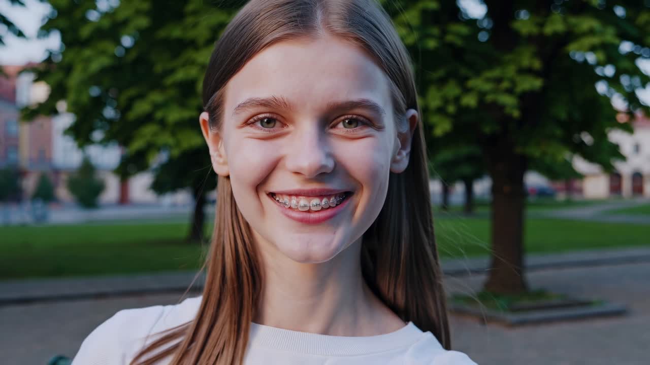 Portrait of a cheerful young woman with clear aligners smiling at the camera in a park setting, showcasing her orthodontic treatment and positive attitude