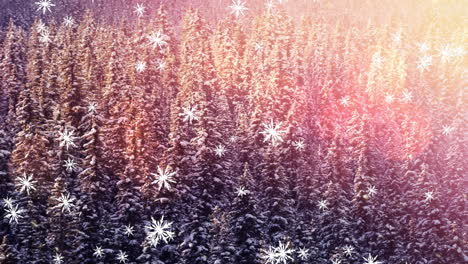 digital animation of snowflakes falling over multiple trees on winter landscape