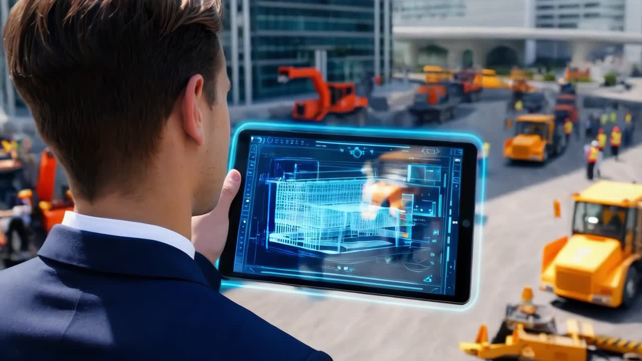 менеджер по строительству рассматривает проект здания на планшете