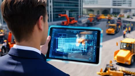 construction manager reviewing building design on tablet