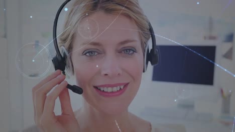 Animation-of-network-of-connections-over-businesswoman-wearing-phone-headset