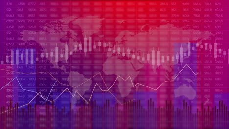animation of graphs and charts with variable numbers. blurred background for business presentation with world map. looped motion graphics in blue and red color.