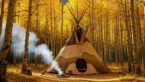 a serene autumn scene featuring a traditional teepee surrounded by golden aspens and soft smoke rising from a campfire in a tranquil forest setting