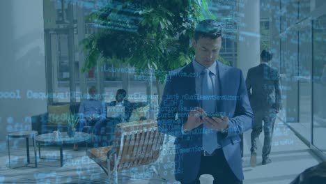 animation of data processing over caucasian businessman using smartphone