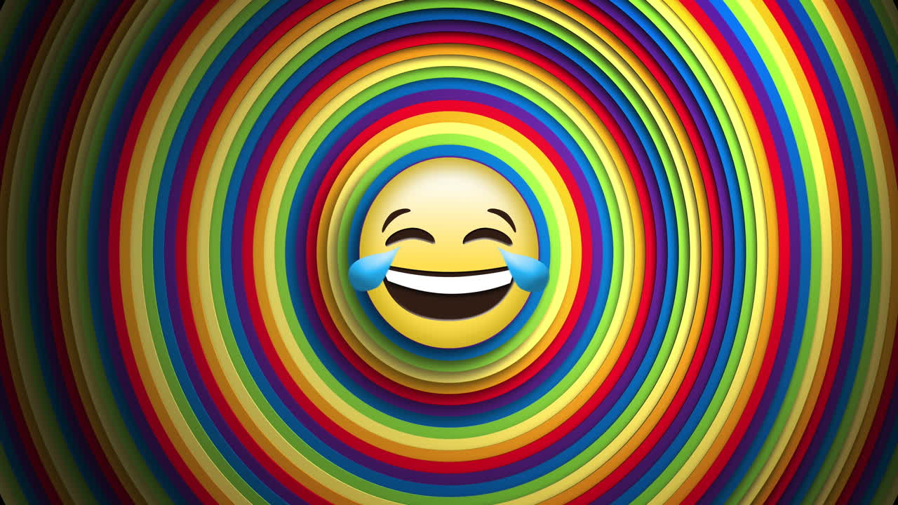Animatie van sociale media lachende emoji-icoon boven regenboogcirkels