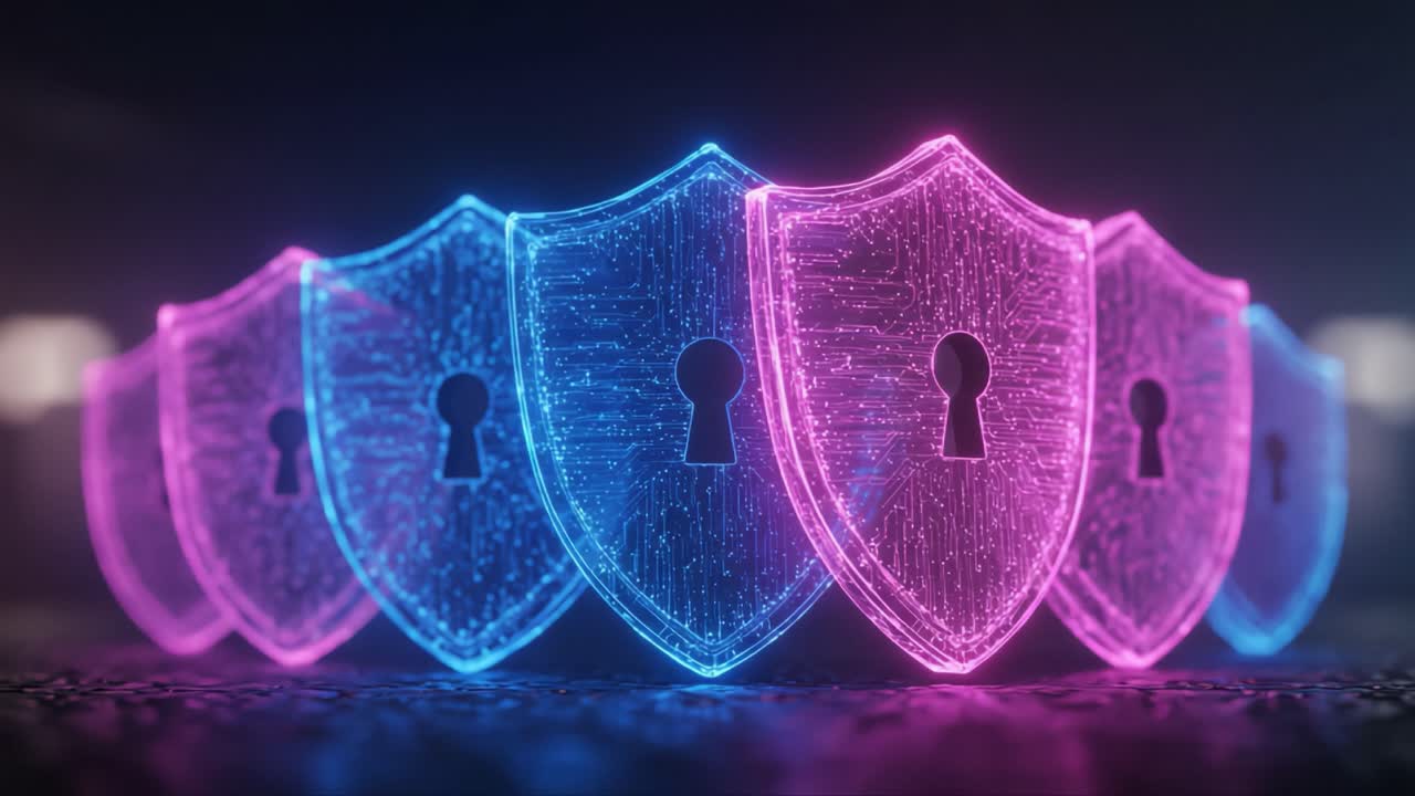 A Stunning Display of Digital Security: This Image Showcases Vibrant Shields with Keyholes, Representing Cybersecurity Protection in a Futuristic Style