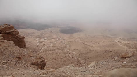 Time-Lapse,-lookout-stream-valley,-misty-atmosphere,-Israel-desert,-static-shot