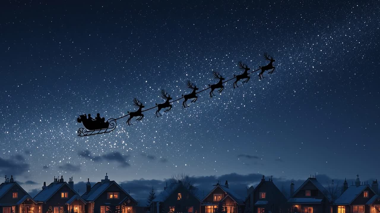 Santa Claus and Reindeer Sleigh Flying Over Houses at Night