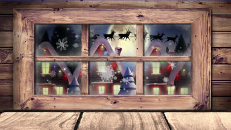 Animación-Digital-Del-Marco-De-Una-Ventana-De-Madera-Contra-La-Nieve-Cayendo-Sobre-La-Silueta-Negra-De-Santa-Claus