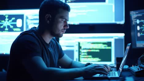 focused programmer analyzing complex algorithms and code on laptop surrounded by monitors displaying digital data and graphs in a darkened environment