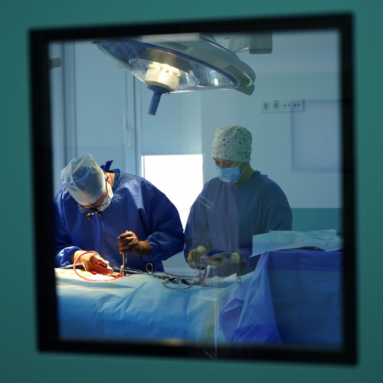 Professional doctor works with surgical instruments. Surgeon man and female assistant conduct an operation in the surgical room. Healthcare concept. View from the corridor
