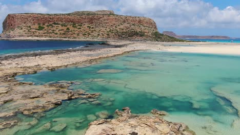 Balos Beach lagoon in Crete Greece with the rocky division between the ocean and the shallow water meet, Aerial pan right reveal shot